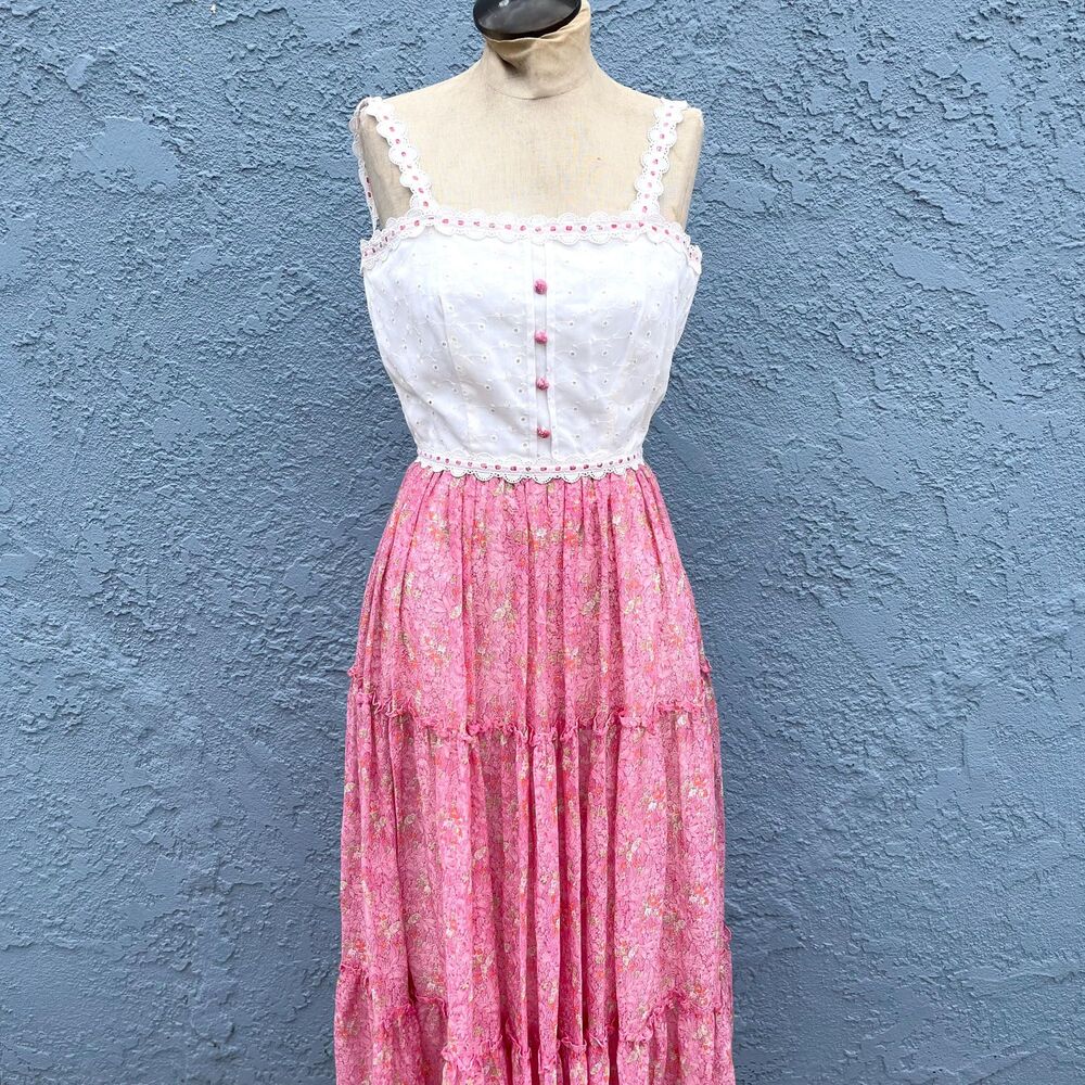 70s Floral Praire Dress in XS Pink Cottagecore Gown - Picture 10 of 10